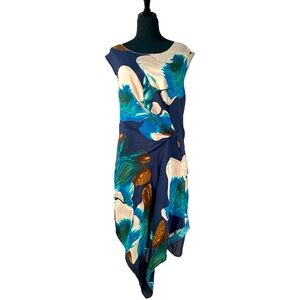 Coquille drape wrapped waist floral waterfall front silk lightweight airy dress